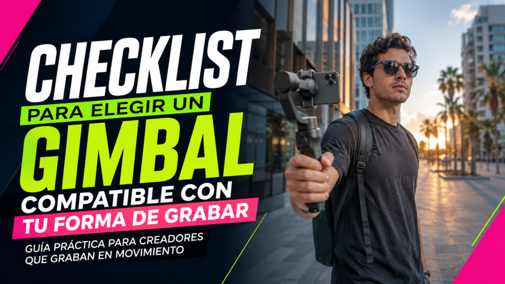 Creador grabando con un smartphone montado en un gimbal de mano.
