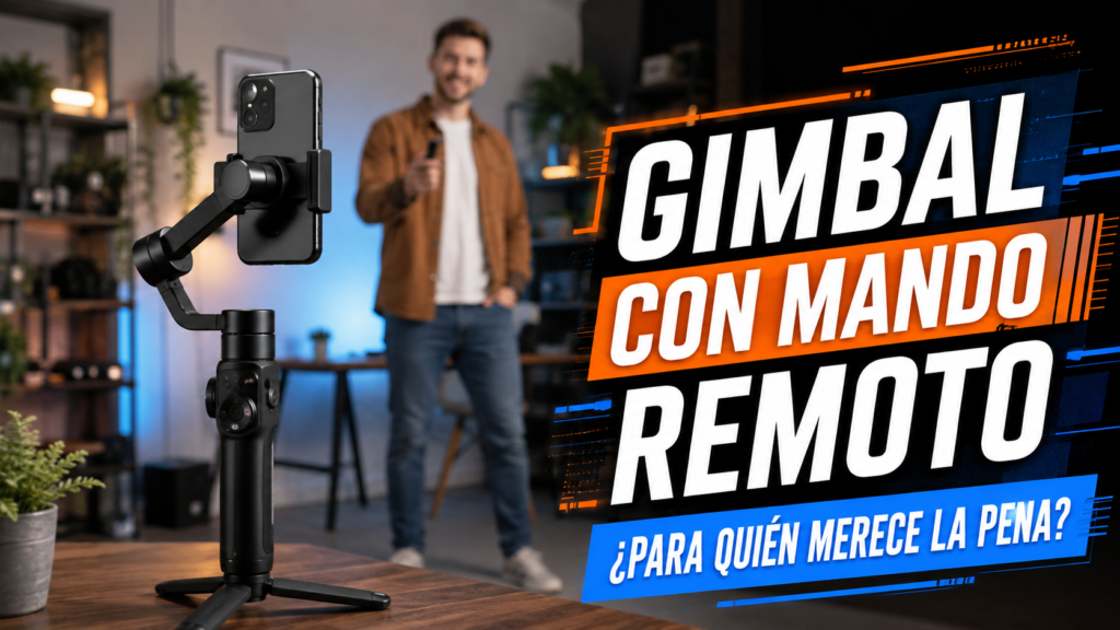 Creador grabándose con un smartphone montado en un gimbal con mando remoto