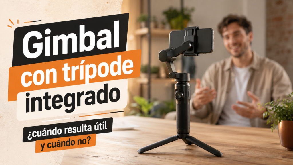 Smartphone colocado en un gimbal con trípode integrado desplegado sobre una superficie estable