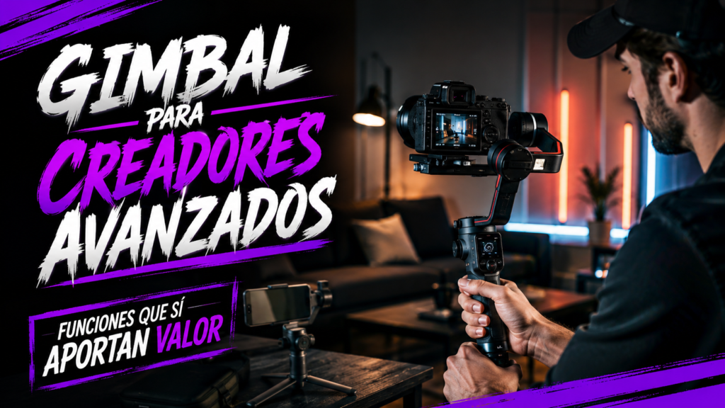Creador audiovisual utilizando un gimbal de tres ejes para estabilizar una cámara durante una grabación.