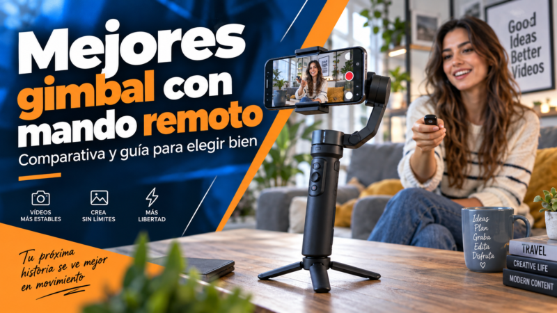 Smartphone montado en un gimbal de tres ejes junto a un mando remoto desmontable.