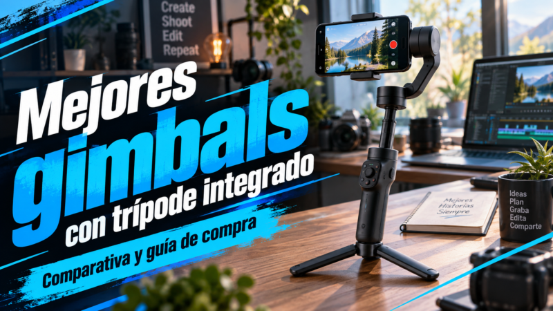 Gimbal para móvil con trípode integrado desplegado sobre una mesa