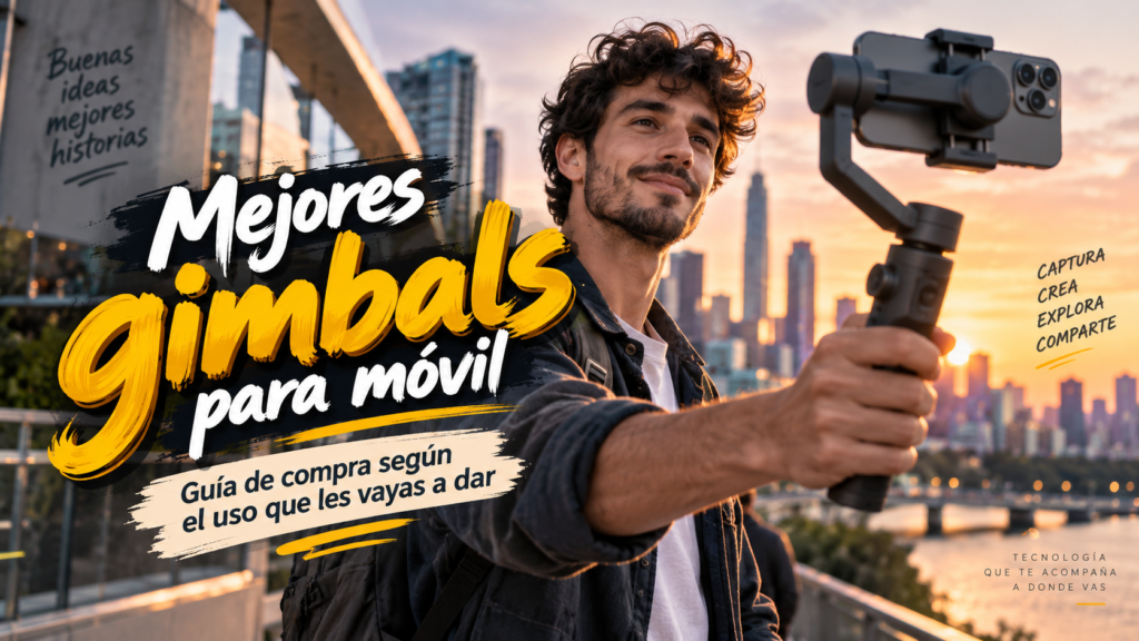 Persona grabando vídeo con un smartphone montado en un gimbal de tres ejes