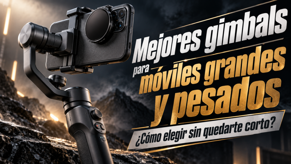 Gimbal de tres ejes sosteniendo un smartphone grande con accesorios de vídeo