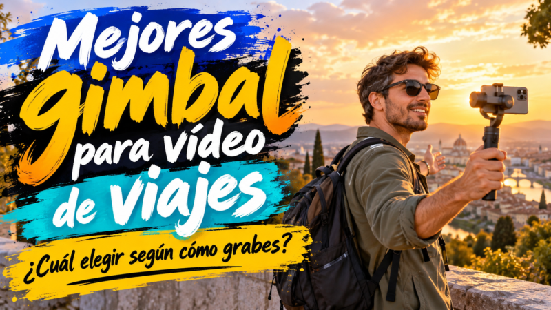 Viajero grabando vídeo con un gimbal y smartphone durante un viaje